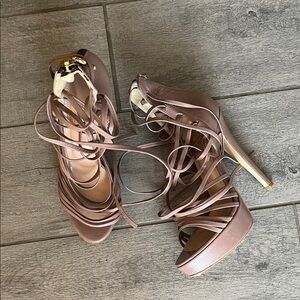 Elegant Strappy Heels with Metallic Accents in Taupe Tan
